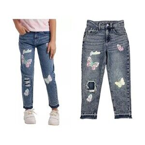 Justice Mini Mom Jeans  Girls Size 8  Distressed w Patches & Painted Butterflies